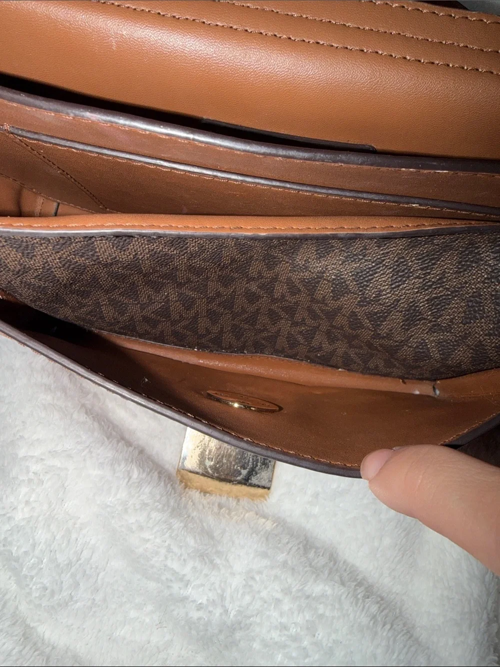 Michael Kors Brown Monogram Shoulder Bag with Tan Front Accent and Gold Chain
